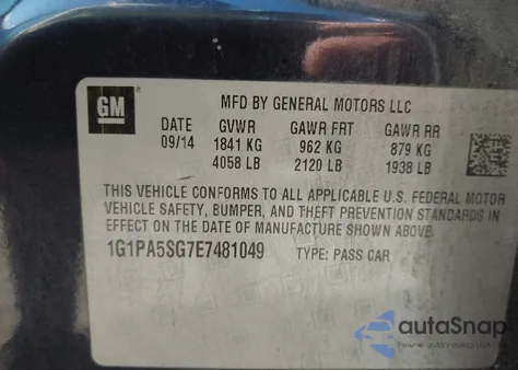 2014 Chevrolet Cruze Ls Auto из США, поврежденный, VIN 1G1PA5SG7E7481049